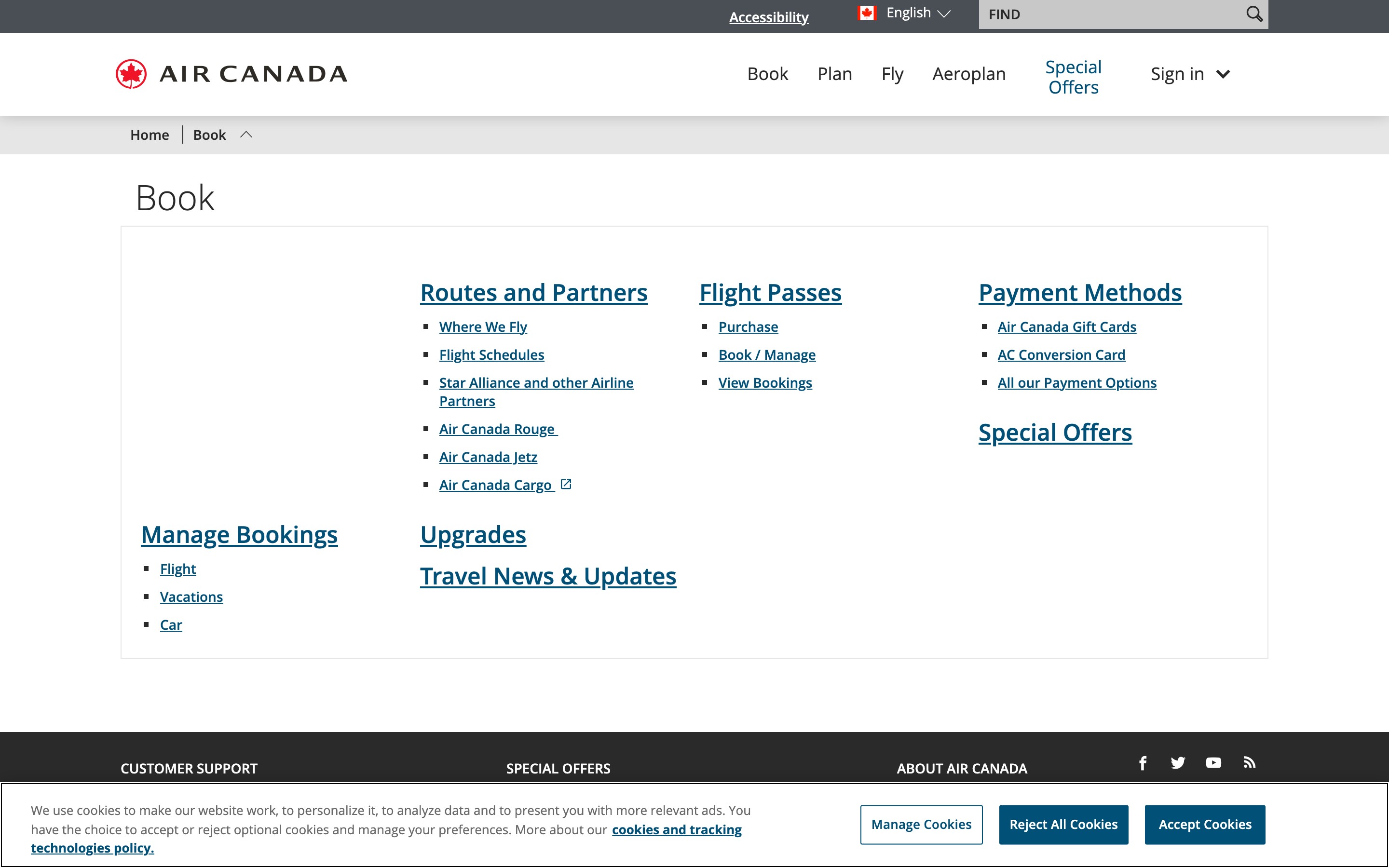 Screenshot of the Air Canada booking section with routes and flight passes