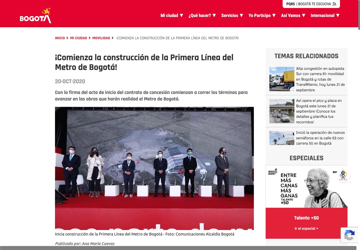 Metro de Bogot&aacute;: construction webpage