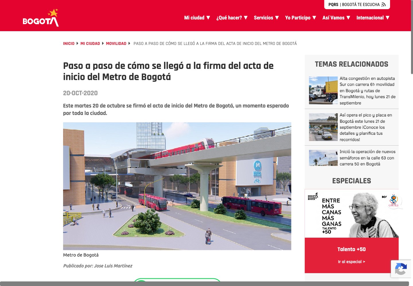 Metro de Bogot&aacute;: project milestones webpage
