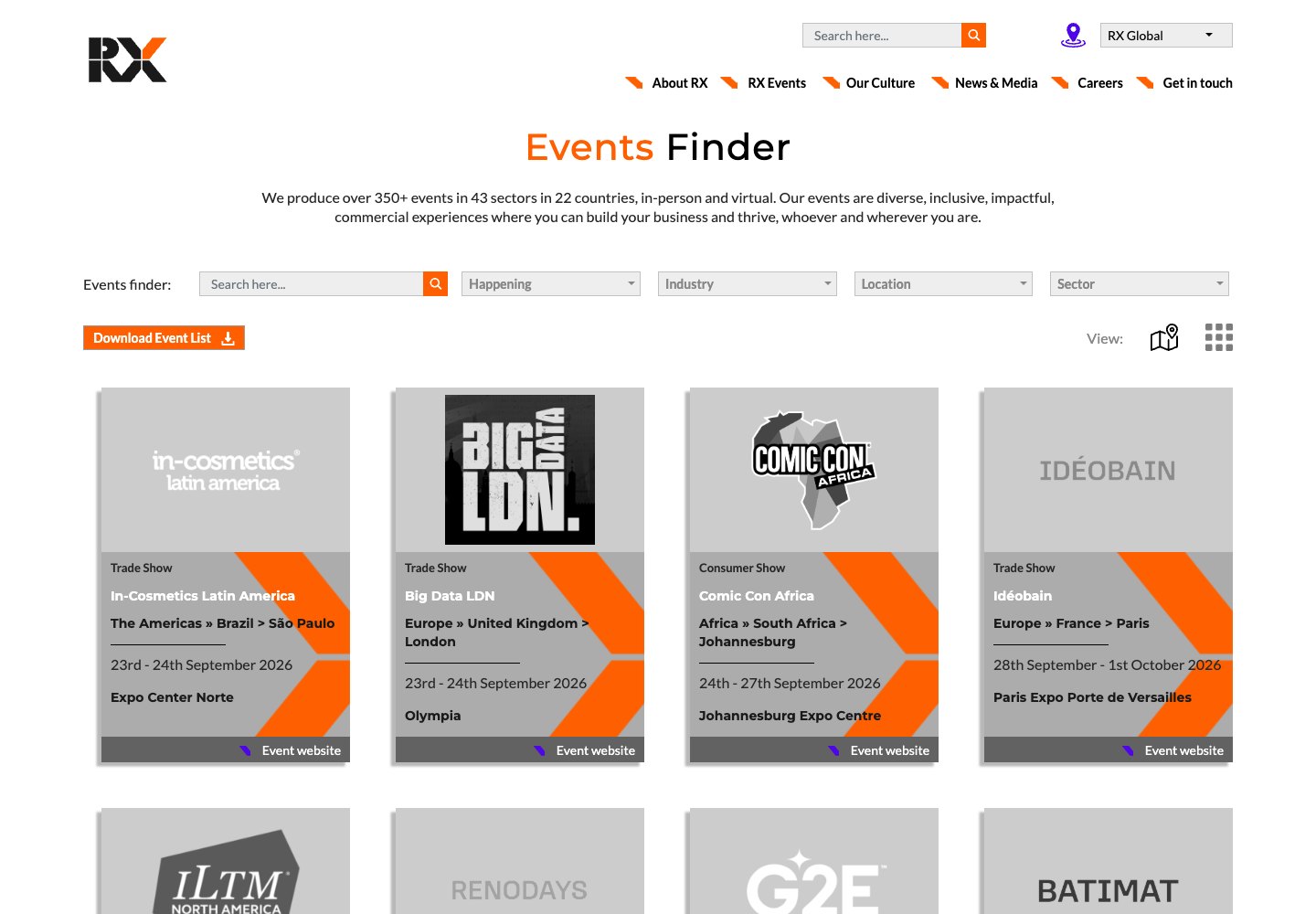 RX Global: event portfolio webpage