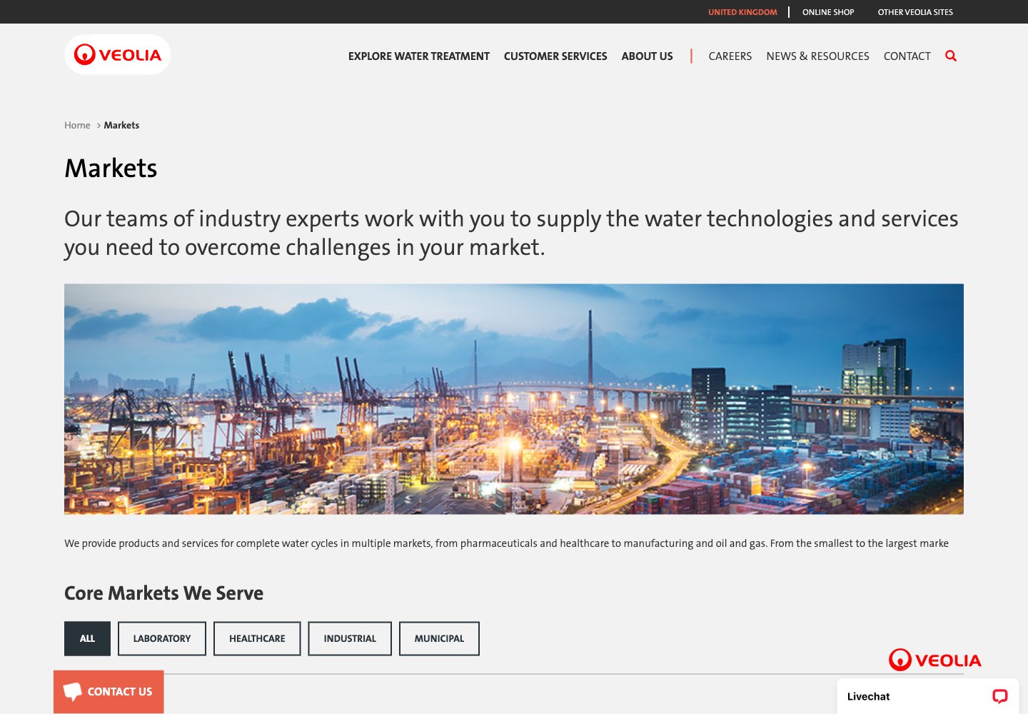 Veolia Water Technologies &mdash; UK: markets webpage