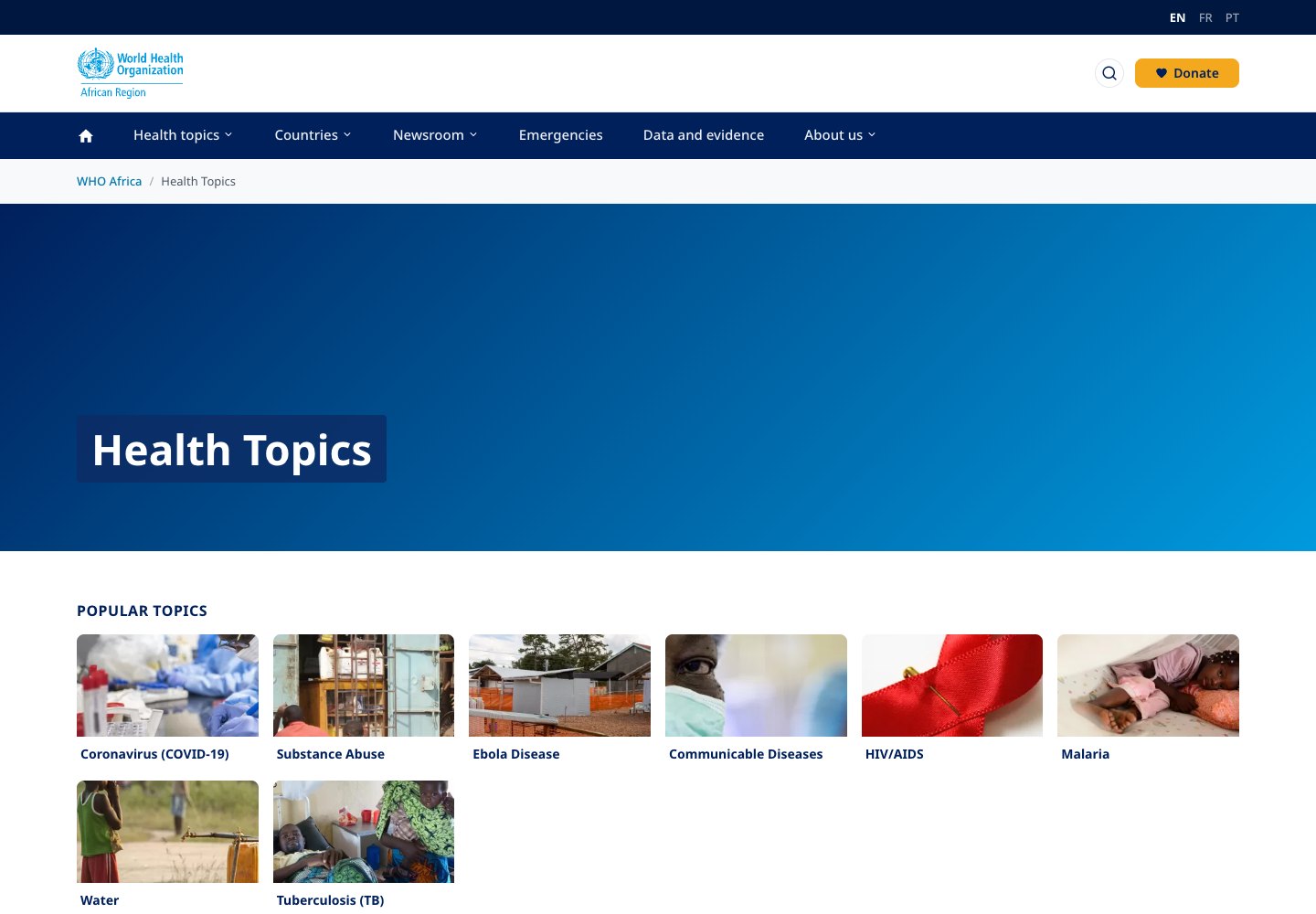WHO Regional Office for Africa: health topics webpage