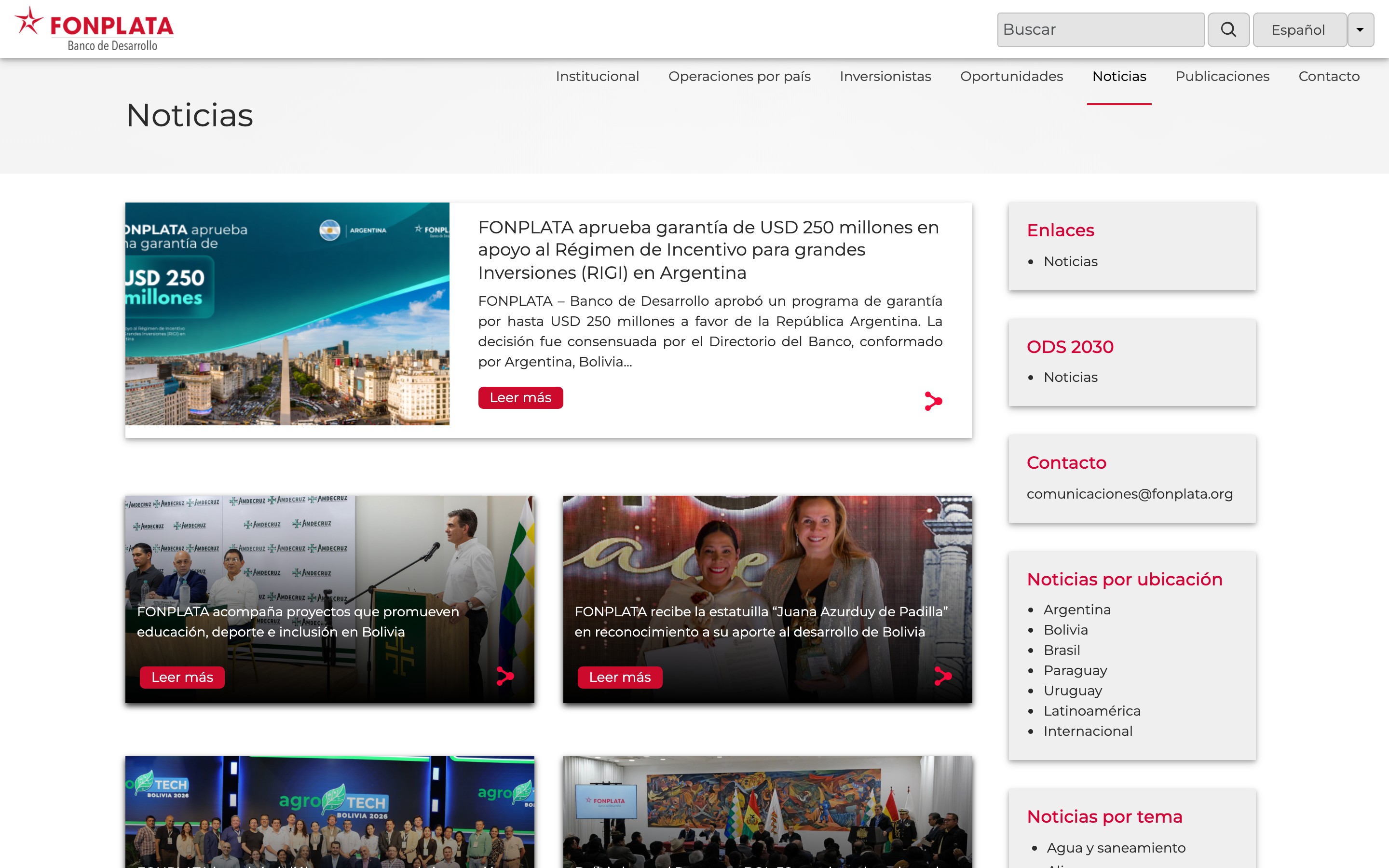 FONPLATA newsroom listing with articles filterable by location and topic