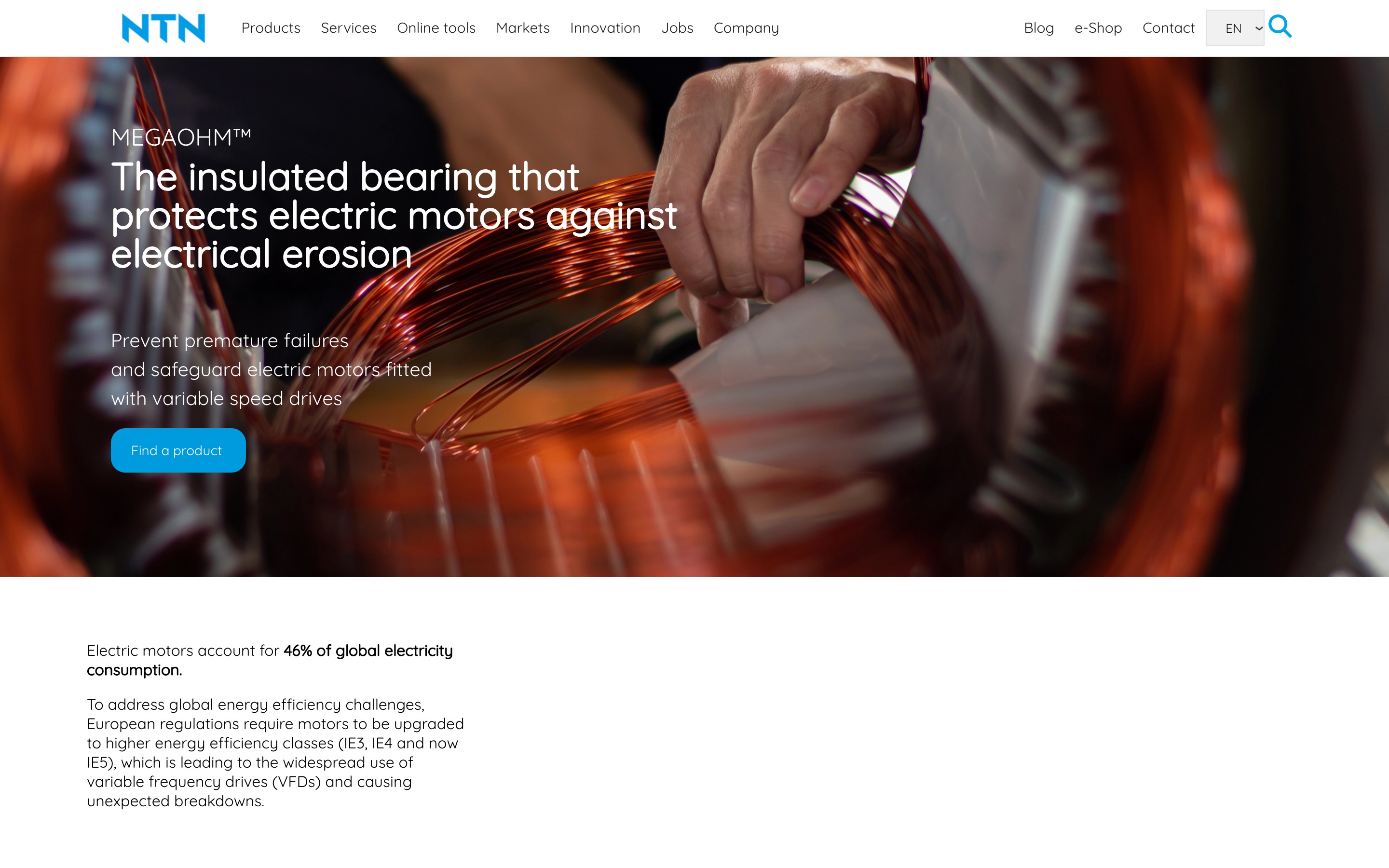 NTN-SNR Megaohm insulated bearing product page built with DXPR Builder