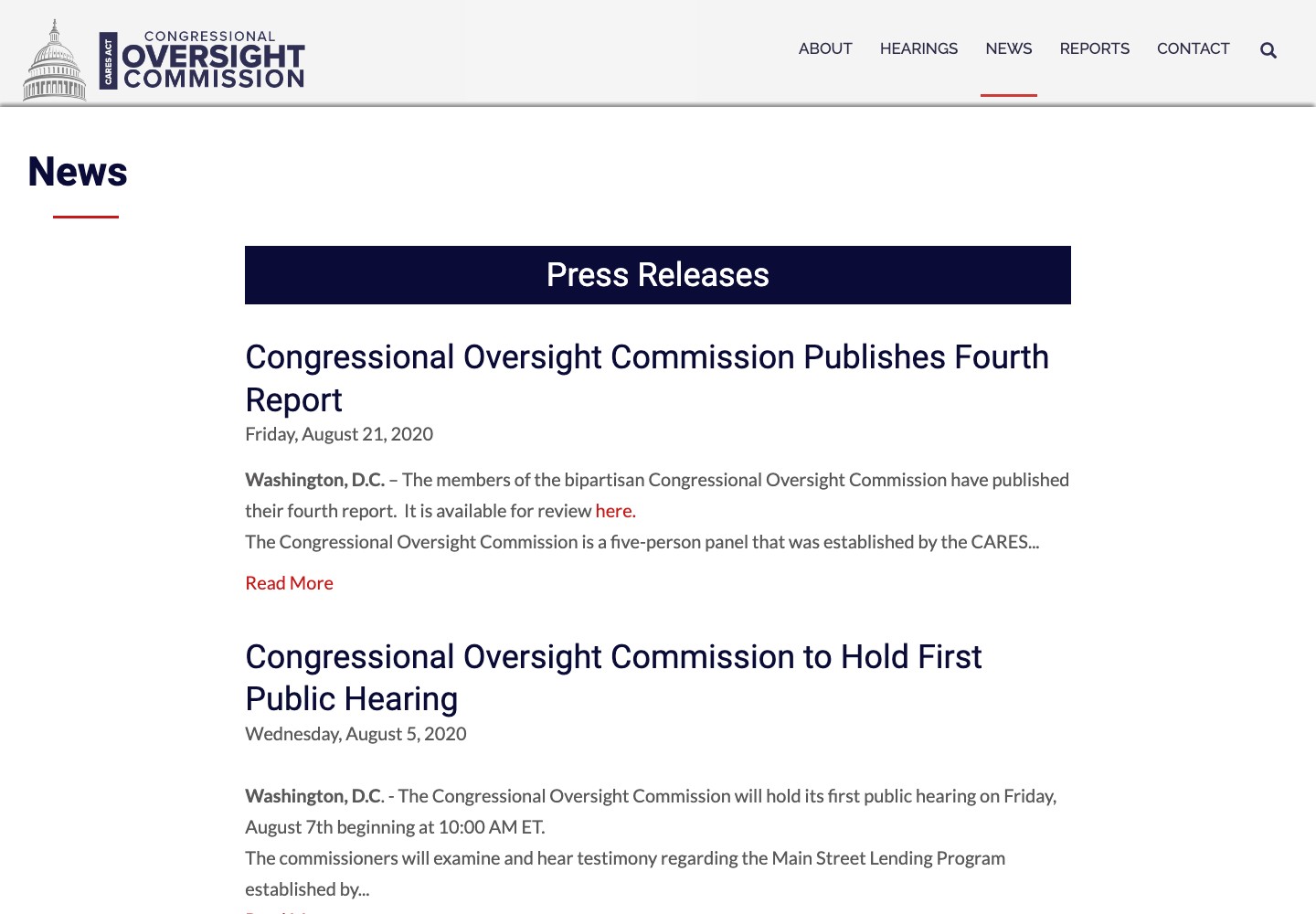 Archived Congressional Oversight Commission news page with report releases and its first public hearing announcement.