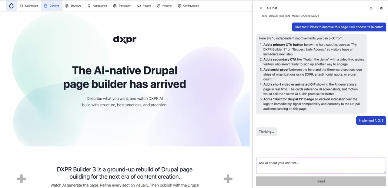 DXPR Builder AI chat alongside the page being edited.