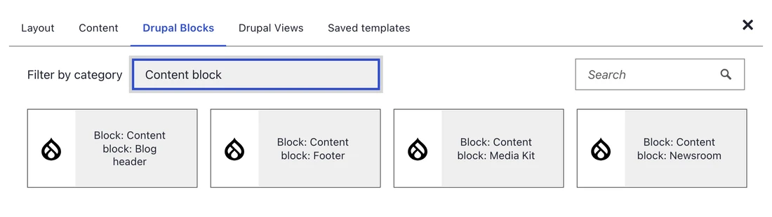 DXPR Builder Drupal Blocks picker listing existing Blog header, Footer, Media Kit and Newsroom blocks.