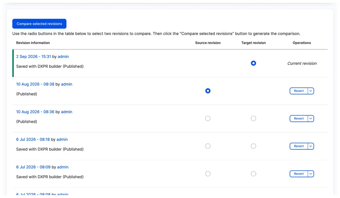 Drupal revision history listing DXPR Builder saves with dates and revision actions.