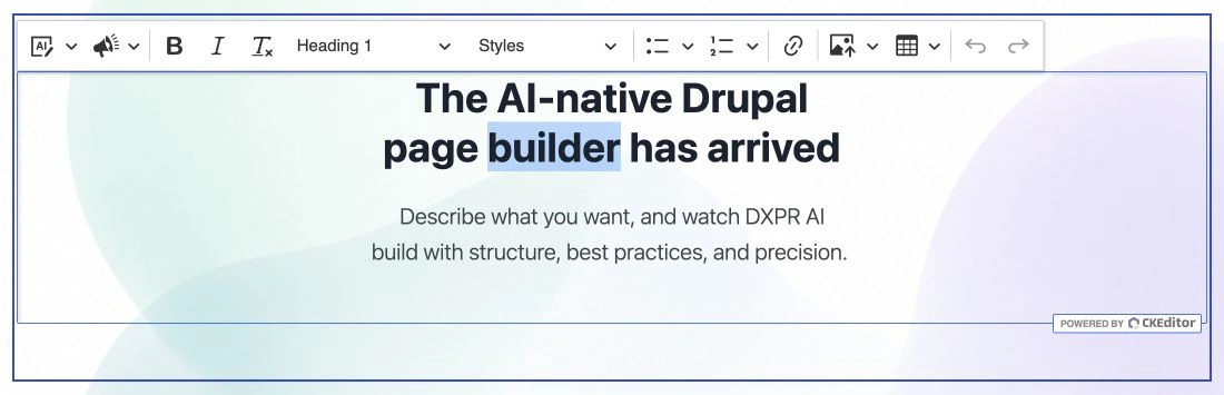 DXPR Builder inline text editor with a heading selected and formatting controls visible.