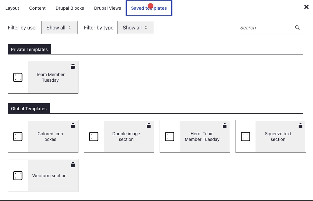 DXPR Builder saved-template picker with reusable page and section templates.