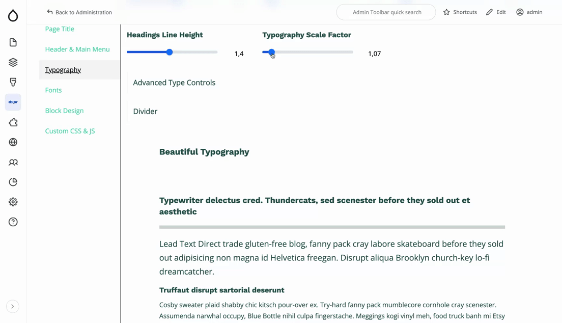 DXPR Theme 6 typogrphay settings live preview