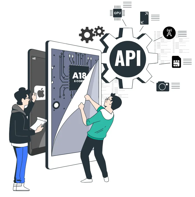 DeviceAtlas illustration of people exploring device components and an API