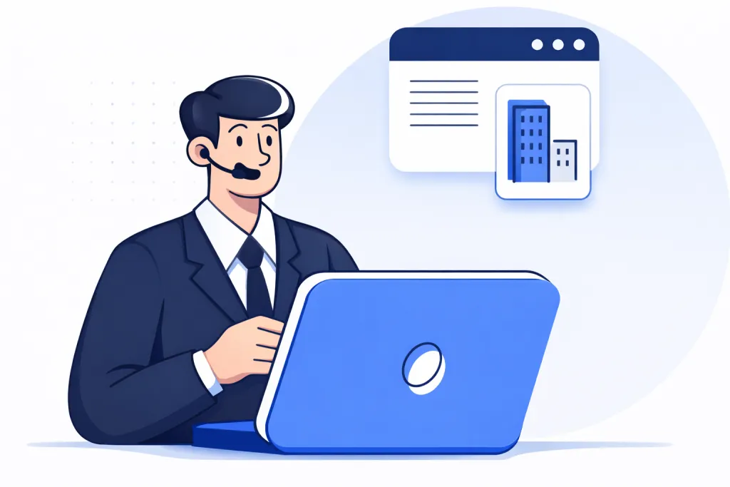 Man in a suit at a laptop, wearing a headset, next to a screen with a building icon.