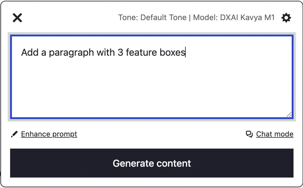 DXPR Builder 3 AI prompt interface showing content generation