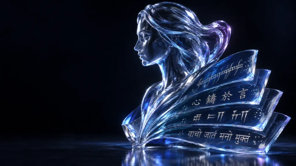 A blue glass bust surrounded by manuscript ribbons in different writing systems