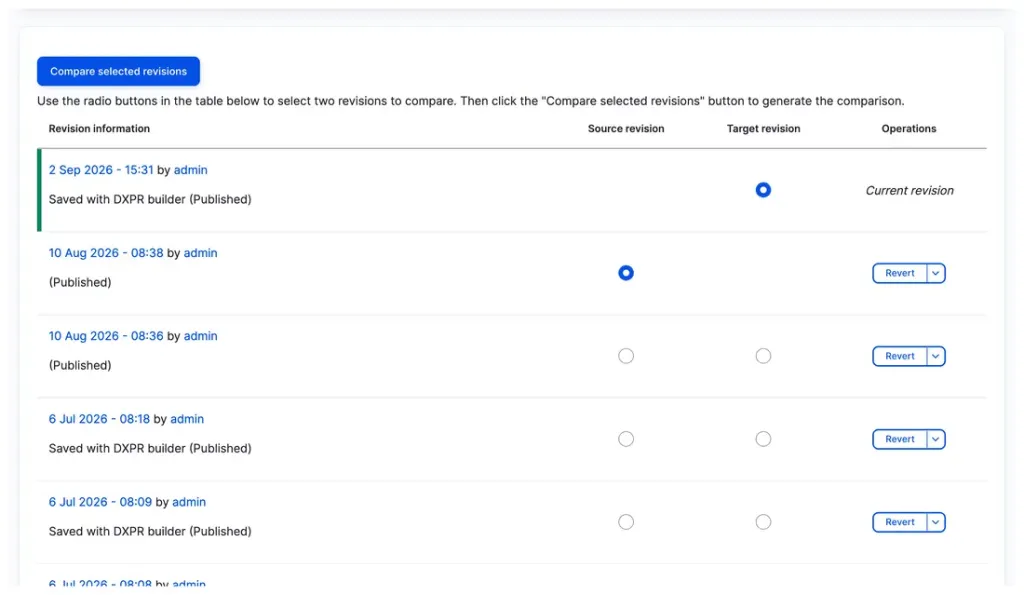 Revision history showing pages saved with DXPR Builder, with compare and revert controls.