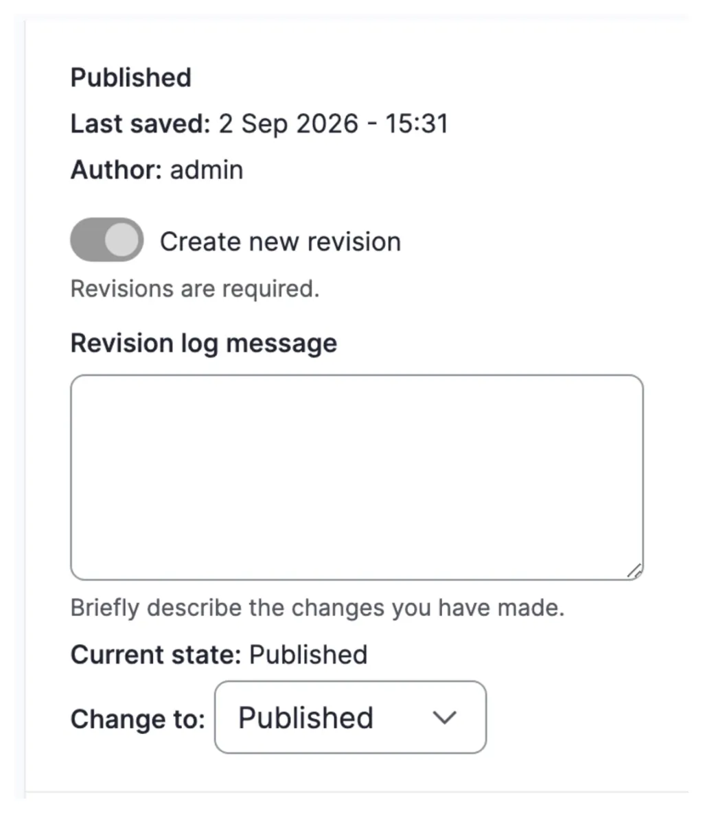 Content editing sidebar with moderation state Published, revision log and state change control.