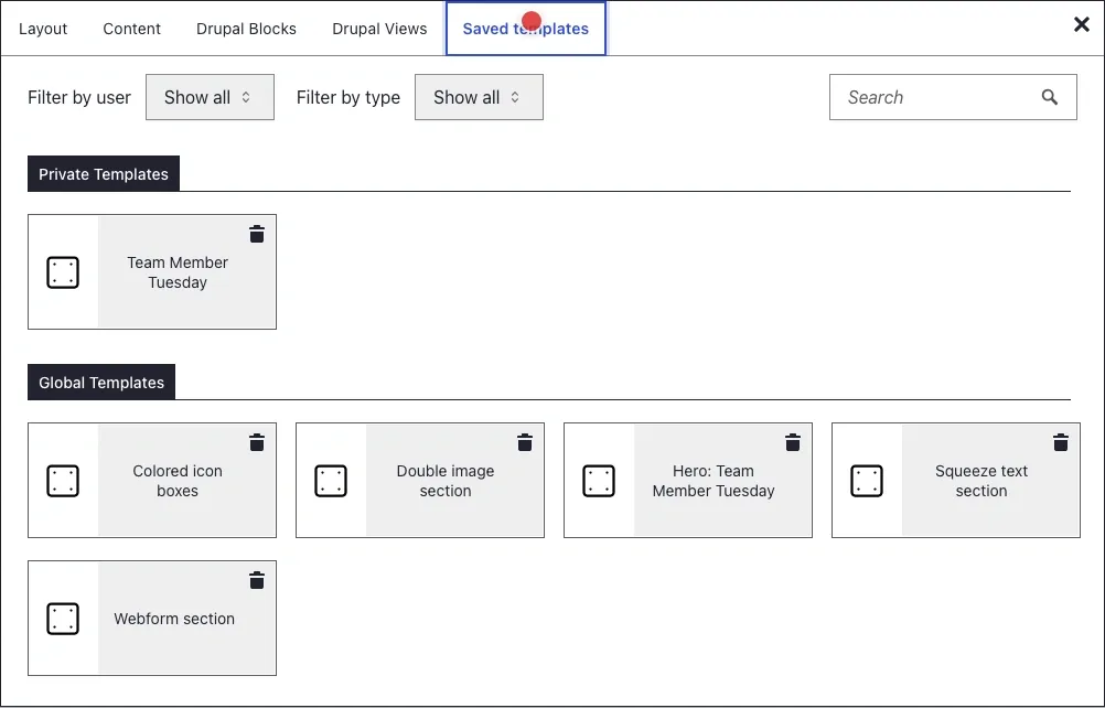 DXPR Builder Saved templates picker, with private and shared page and section templates.