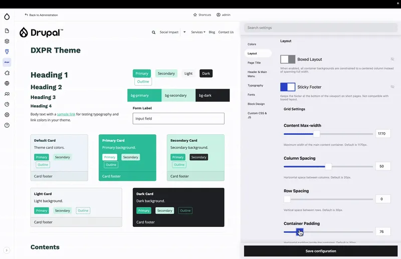 DXPR Theme layout settings with content width, column spacing and container preview.