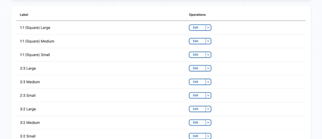 Responsive image styles list with square, portrait and landscape sizes ready to map.