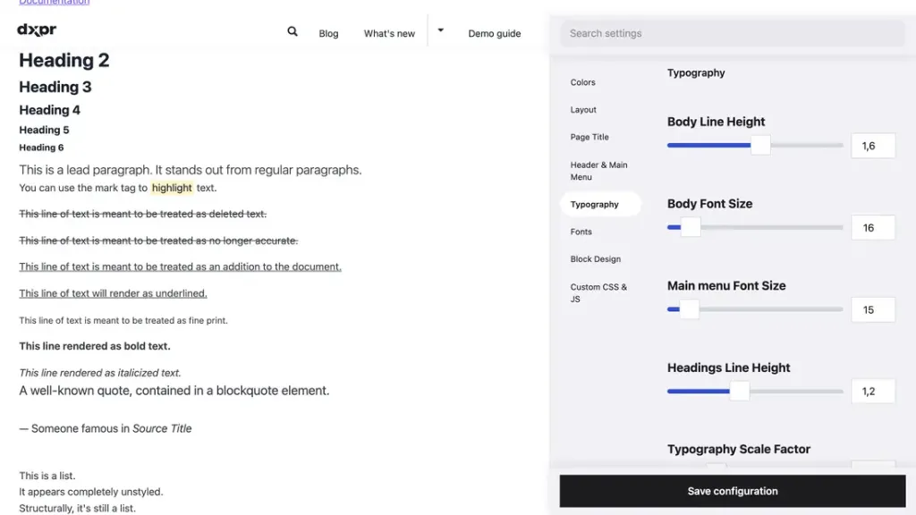 Theme Typography settings with line height and font size sliders beside type specimens.