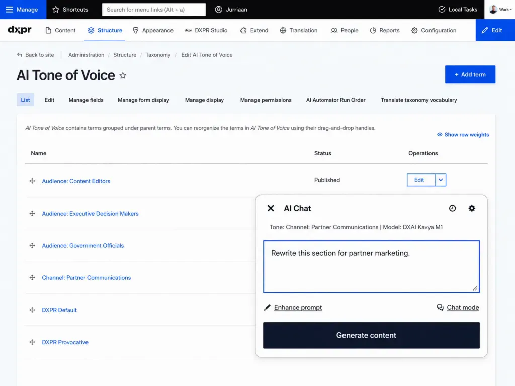 DXPR Builder tone-of-voice options managed as Drupal taxonomy terms